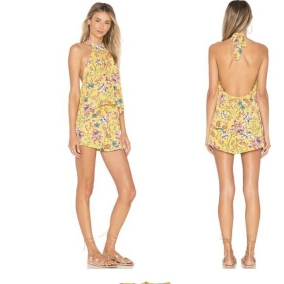 L*SPACE Kelly Bloom Romper Sunshine Gold Yellow Floral Size L Halter Tie neck - Picture 3 of 8